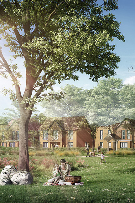 A family, with children and a dog, sitting on a blanket under a large leafy tree in a green park, with modern houses in the background and a sunny sky.