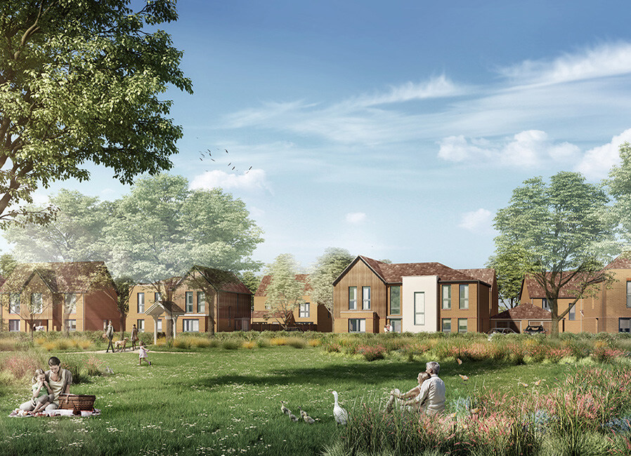 Families and children playing and walking on a grassy park area with geese, surrounded by trees and modern houses with brown and white facades under a blue sky with scattered clouds.