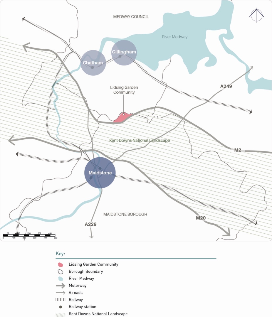 Map showing Maidstone, Chatham, Gillingham, and Lidsing Garden Community in Kent with roads, railways, and key landmarks including the River Medway and Maidstone Borough boundary.
