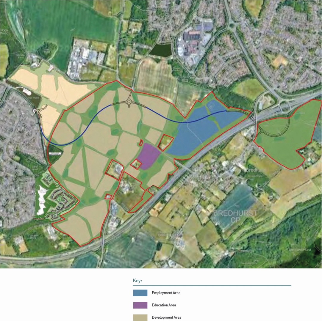 A map showing various land use zones: blue areas for employment, purple for education, and green for development, outlined with red borders, overlaid on a satellite image of a suburban landscape with roads, fields, and residential areas.