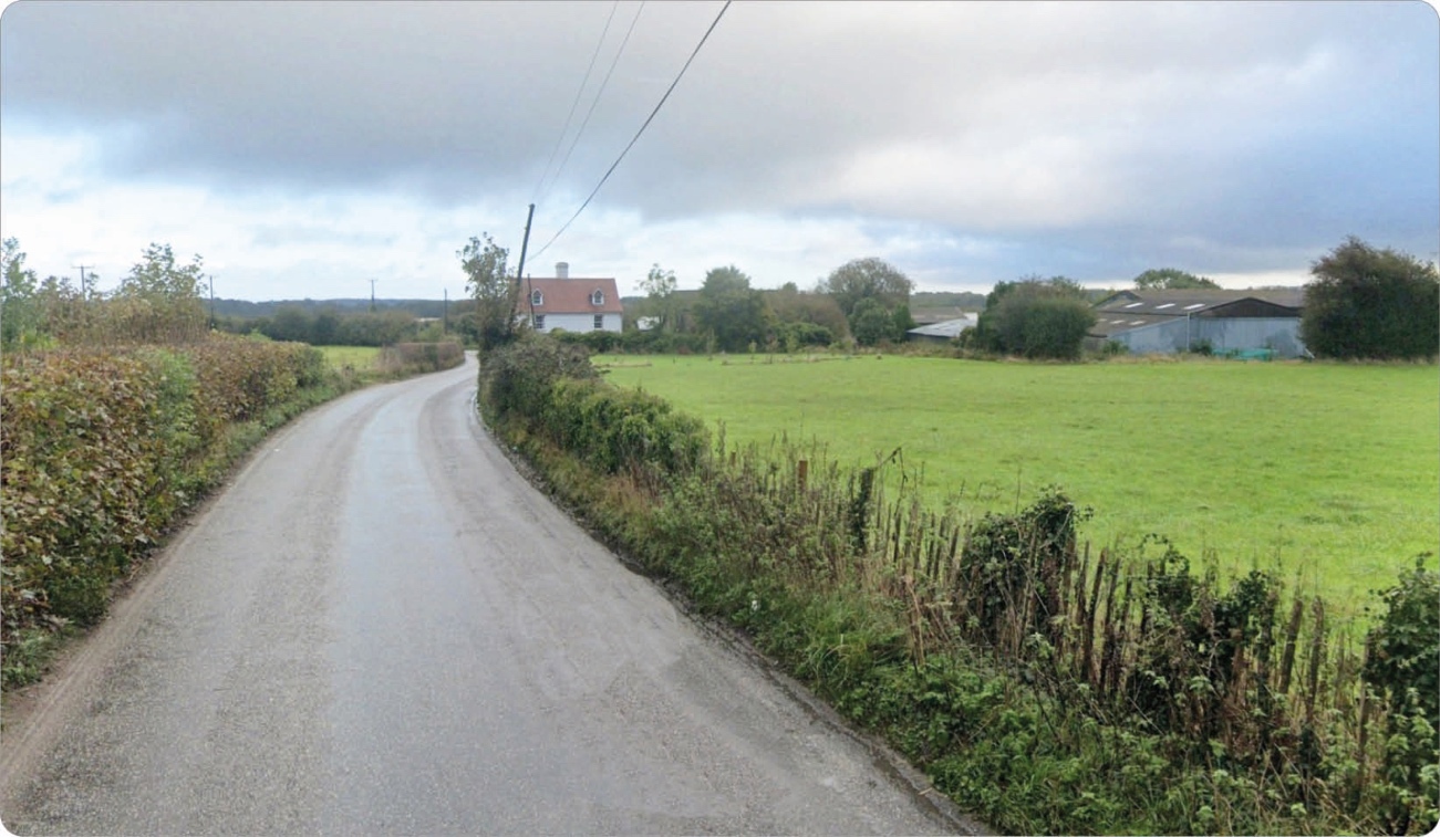 A narrow, winding rural road with gravel surface, flanked by green hedges and grass fields, leading towards a distant house under a cloudy sky.