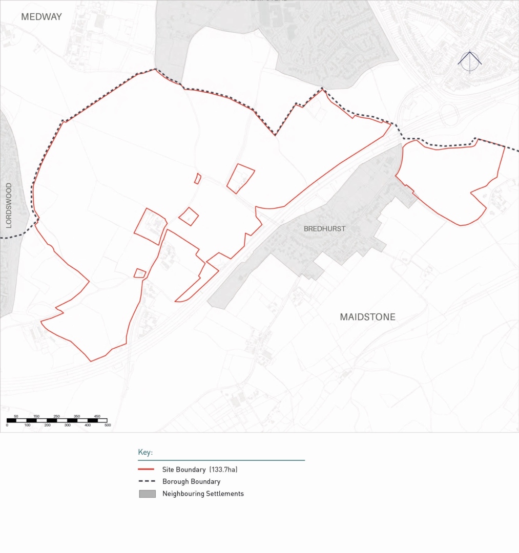Map showing a site boundary of 133.7 hectares outlined in red, borough boundary in black dashed line, neighboring settlements labeled Medway, Lordswood, Bredhurst, and Maidstone.
