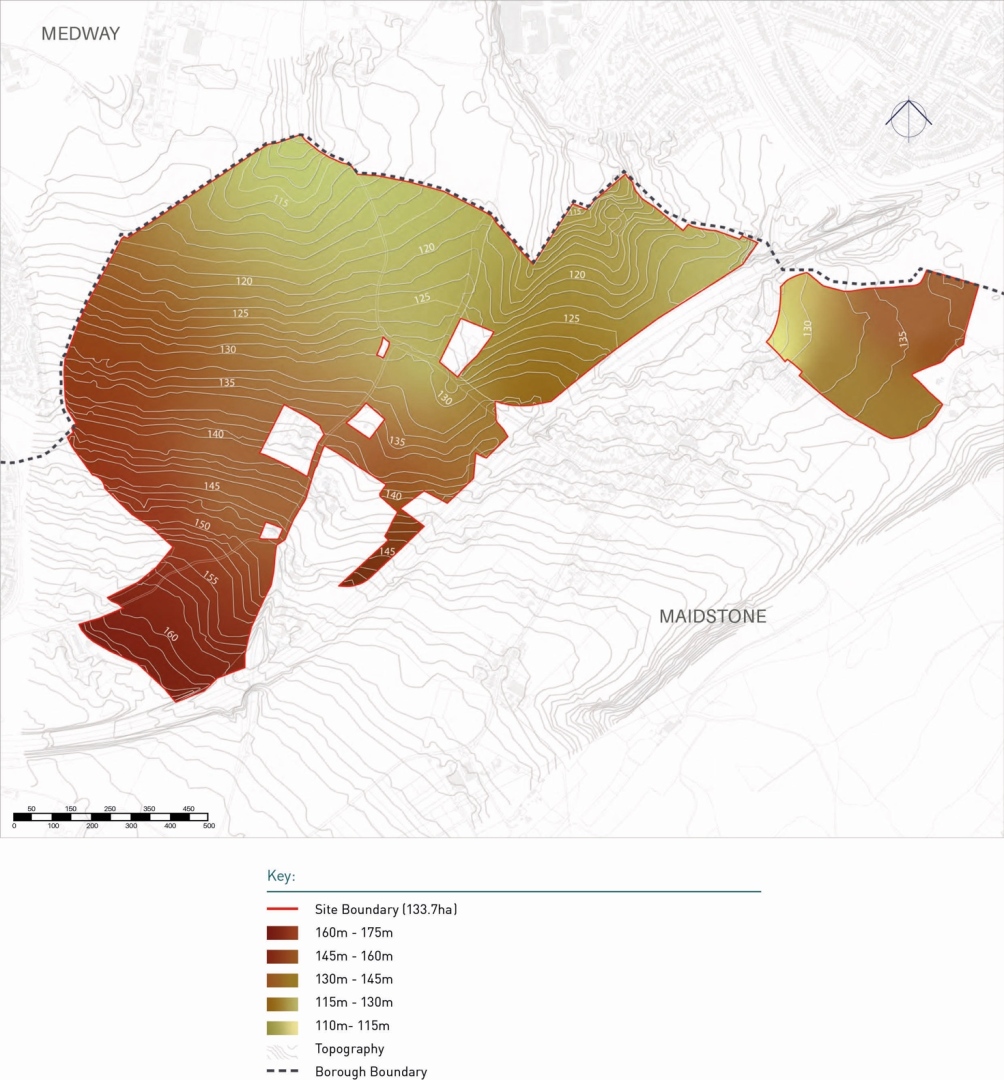 Elevation contour map showing site boundary of 133.7 hectares, with elevation ranges from 110m to 175m. Contour lines indicate topography, with darker shades representing higher elevations from 160m to 175m, and lighter shades indicating lower elevations from 110m to 130m. The map includes surrounding areas labeled Medway and Maidstone, with dashed lines marking borough boundary.