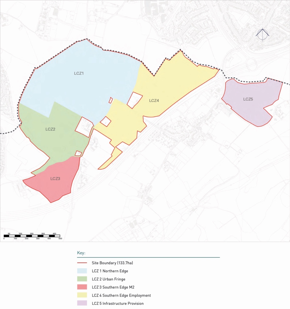 Map showing five land use zones with boundary, labeled LCZ1 to LCZ5, distinguished by color: LCZ1 in blue, LCZ2 in green, LCZ3 in red, LCZ4 in yellow, and LCZ5 in purple. Site boundary outlined in red, covering approximately 133.7 hectares.