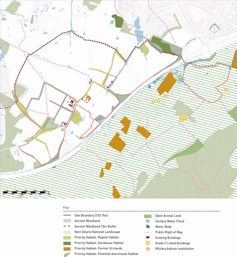Map showing site boundary (red line), ancient woodland (dotted green), woodland buffer (dashed green), Kent Downs landscape (green hatch), open access land (solid light green), surface water flood (blue spots), water body (blue), public rights of way (pink dashed lines), existing buildings (red squares), Grade II listed buildings (yellow squares), potential doomsday habitats (orange shapes), former orchards (light green), military balloon installation (orange dotted), with a scale bar.