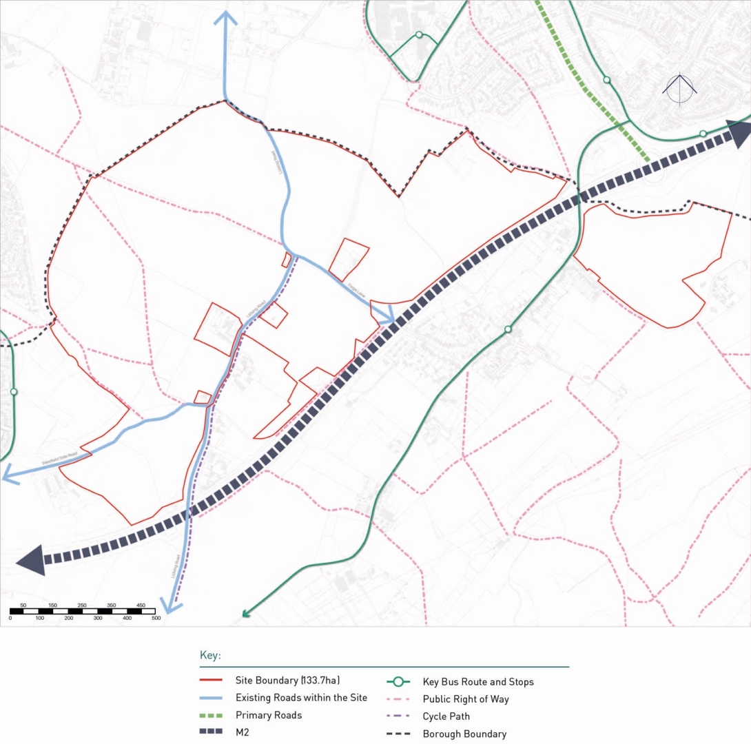 Map showing site boundary of 133.7 hectares, existing site roads, key bus routes and stops, public rights of way, primary roads, cycle paths, and borough boundary.