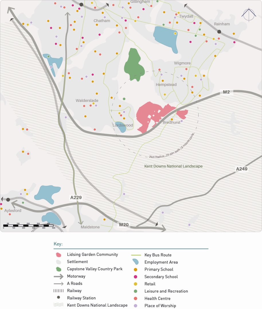 Map showing Capstone Valley area with roads, railways, and key locations. Lidsing Garden Community in pink, settlement in gray, employment areas in blue, primary school in yellow, secondary school in purple, retail in green, leisure in light yellow, health centre in red, place of worship in light purple. Key bus route highlighted in green. Rail stations represented with black dots. Kent Downs National Landscape shaded area. Major roads labeled A229, M20, M2, and A249, with directions indicated.
