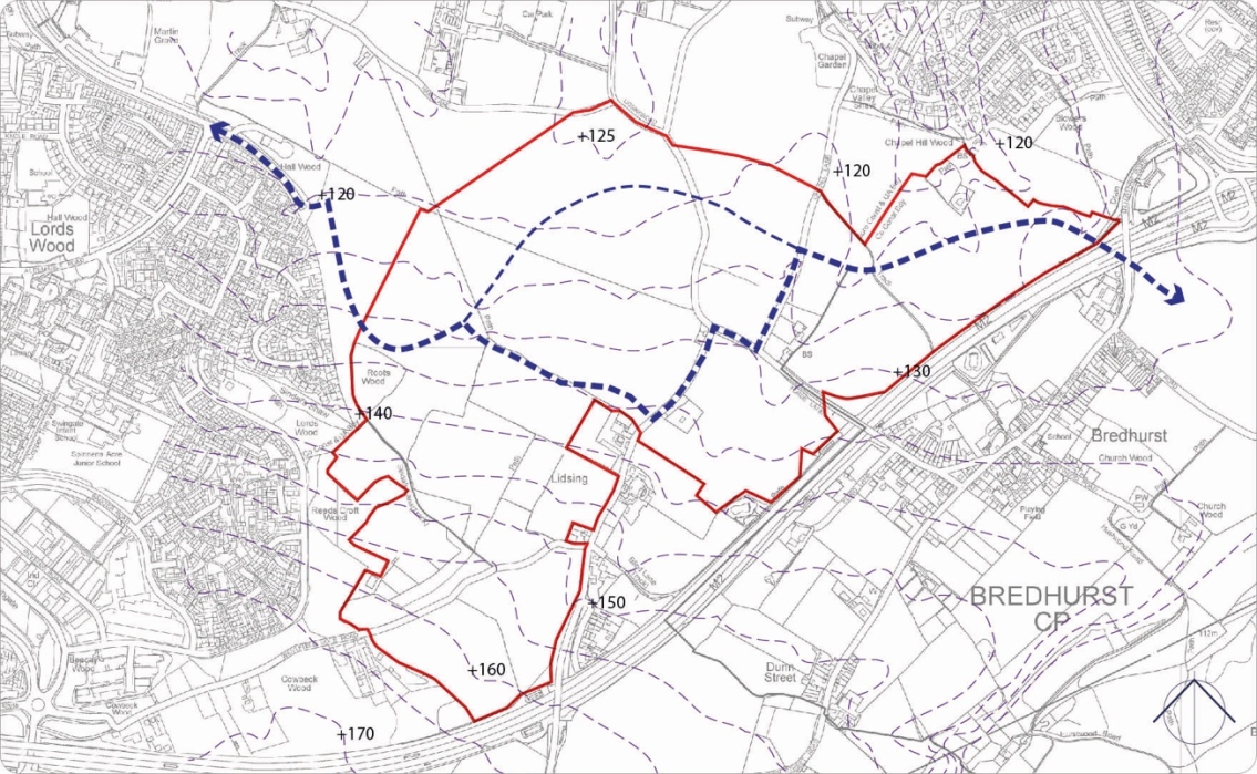 A detailed map showing a network of boundary lines, with a red outline marking a specific area, and blue dashed lines indicating pathways or boundaries within the area. Elevation contours are marked with elevation labels, such as +120, +125, +130, and +140. Surrounding areas include residential neighborhoods and natural features.