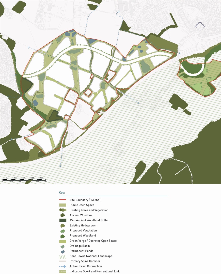 Site boundary outlined in red enclosing a large, irregular area with pathways, greenery, ponds, and wooded sections; surrounding open spaces, drainage basin, Kent Downs landscape, and multiple proposed vegetation and woodland areas; axes shows travel connections, and a key details colors and symbols for landscape features.