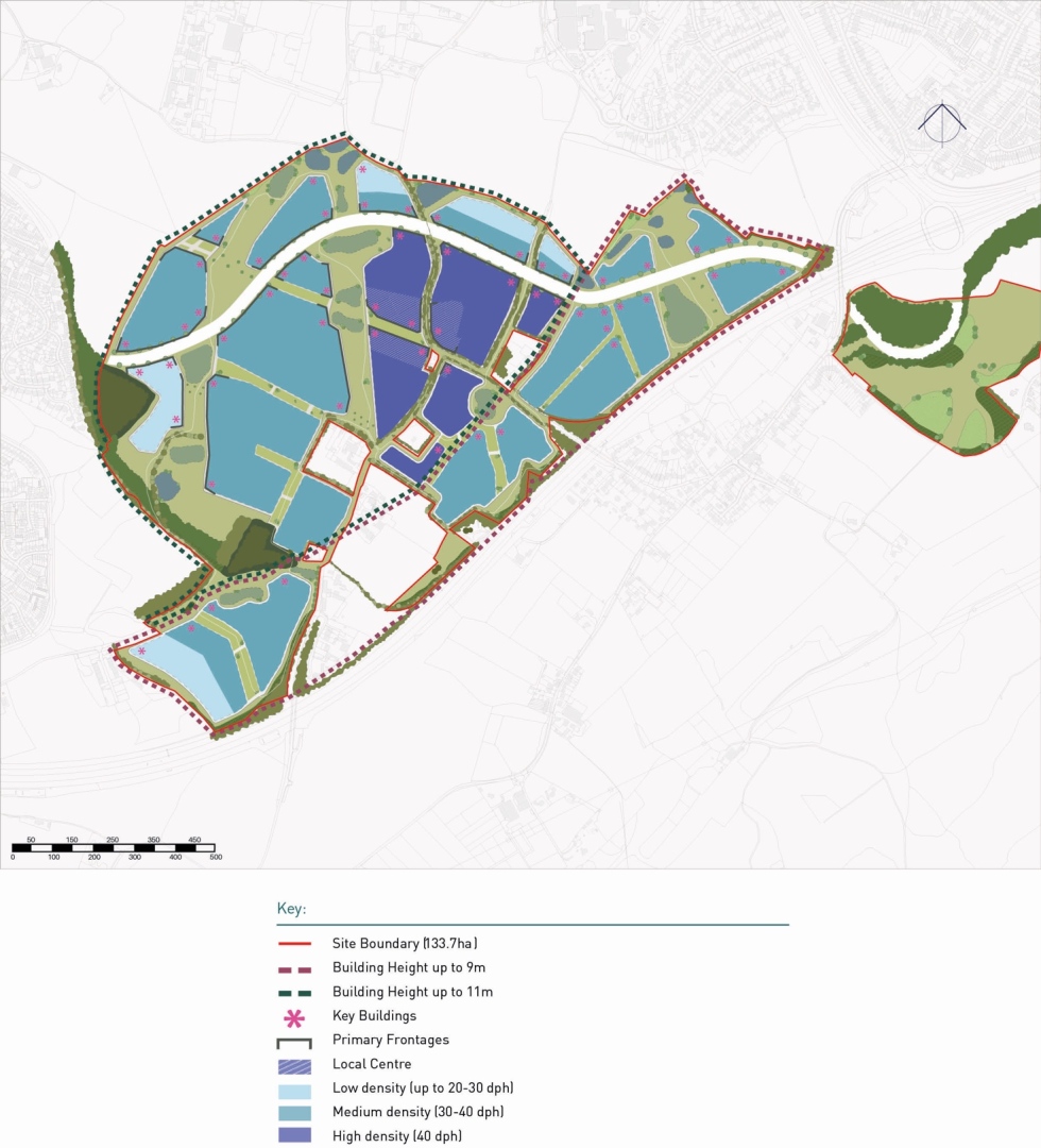 Map of a planned community with different colored zones indicating density levels, key buildings marked with pink asterisks, roads, and boundaries outlined with dashed lines.
