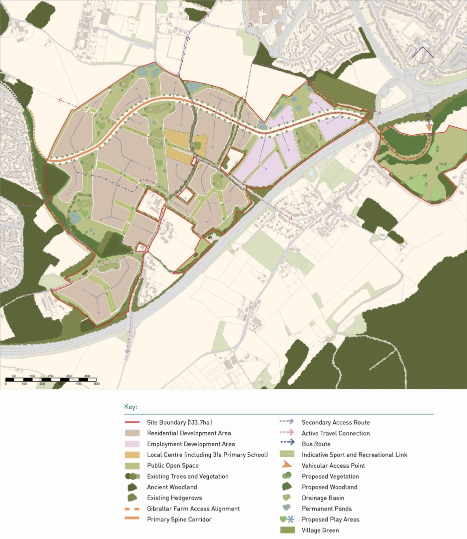 Map of a development area with site boundary, residential and employment zones, local center, open spaces, and vegetation. Features include access routes, bus routes, travel connections, sports links, and drainage basins.