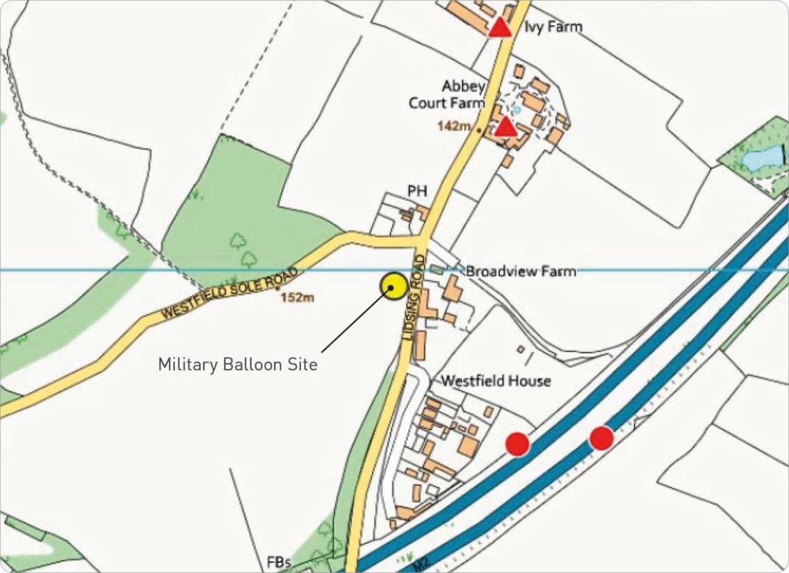 Map showing a location near Westfield Sole Road with a military balloon site, Ivy Farm, Abbey Court Farm, Broadview Farm, Westfield House, and nearby roads, railways, and water features.