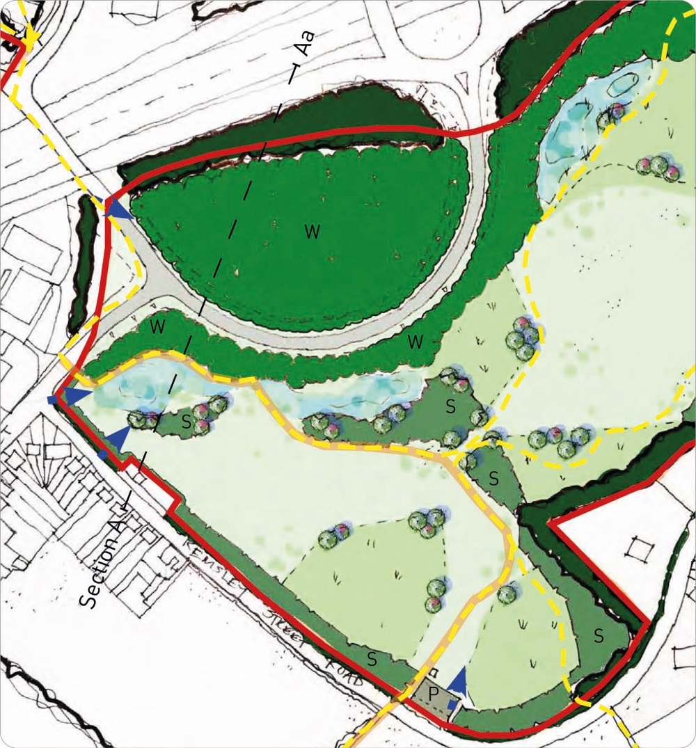 A landscaped park with pathways, labeled areas, and natural features. The area includes a large green lawn with trees, a pond in the top right corner, and various pathways marked in yellow and red. The park has sections labeled "W" for woodland and "S" for shrub area, with a parking lot at the bottom right near the entrance on Kemsley Street. The map shows border details and nearby residential streets.