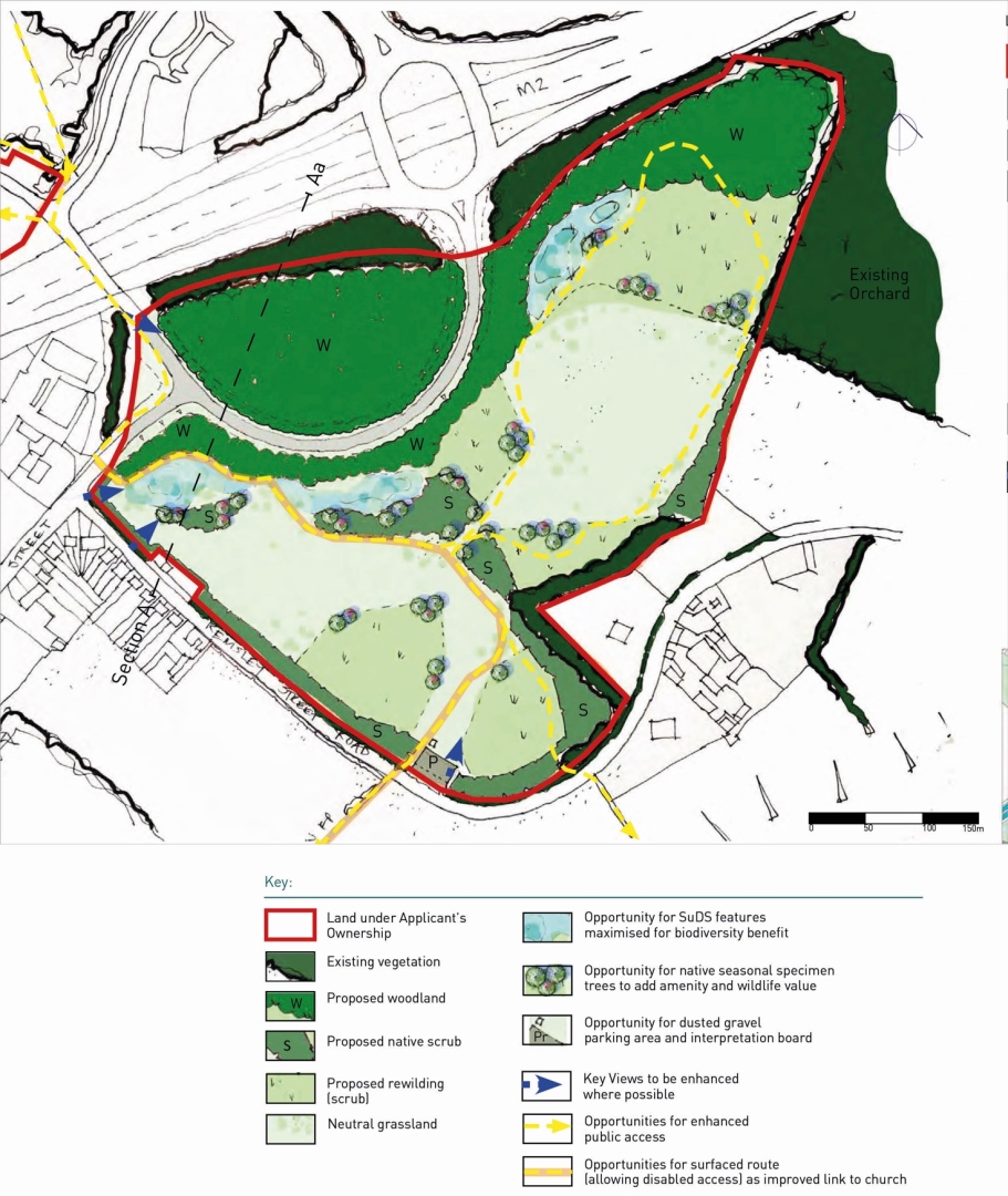Map showing land under applicant's ownership outlined in red, with proposed woodland (green), native scrub (dark green), rewilding areas (light green), and grassland (pale green). Existing vegetation and opportunities for biodiversity, native trees, dusted gravel parking, and key viewpoint enhancements are marked. Yellow dashed lines indicate enhanced public access routes, full yellow lines for surface routes, and dotted yellow lines for accessible routes to the church. Existing orchard marked on the right.