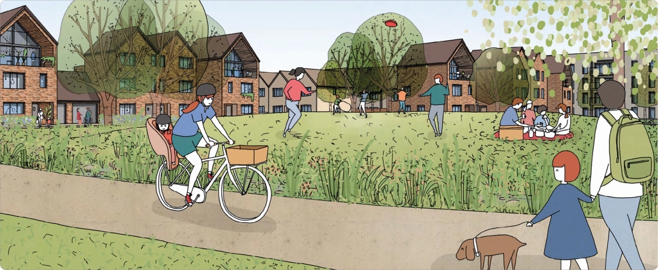 People enjoying a park: one person riding a bicycle with a child sitting in a child seat, children jumping and playing, a group sitting on the grass, and a person walking with a dog. Residential buildings in the background.