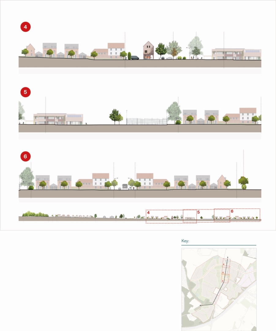 Elevations of a mixed-use neighborhood, numbered 4, 5, and 6, showing various residential buildings, trees, and open spaces with different architectural styles and layouts, along a central road.