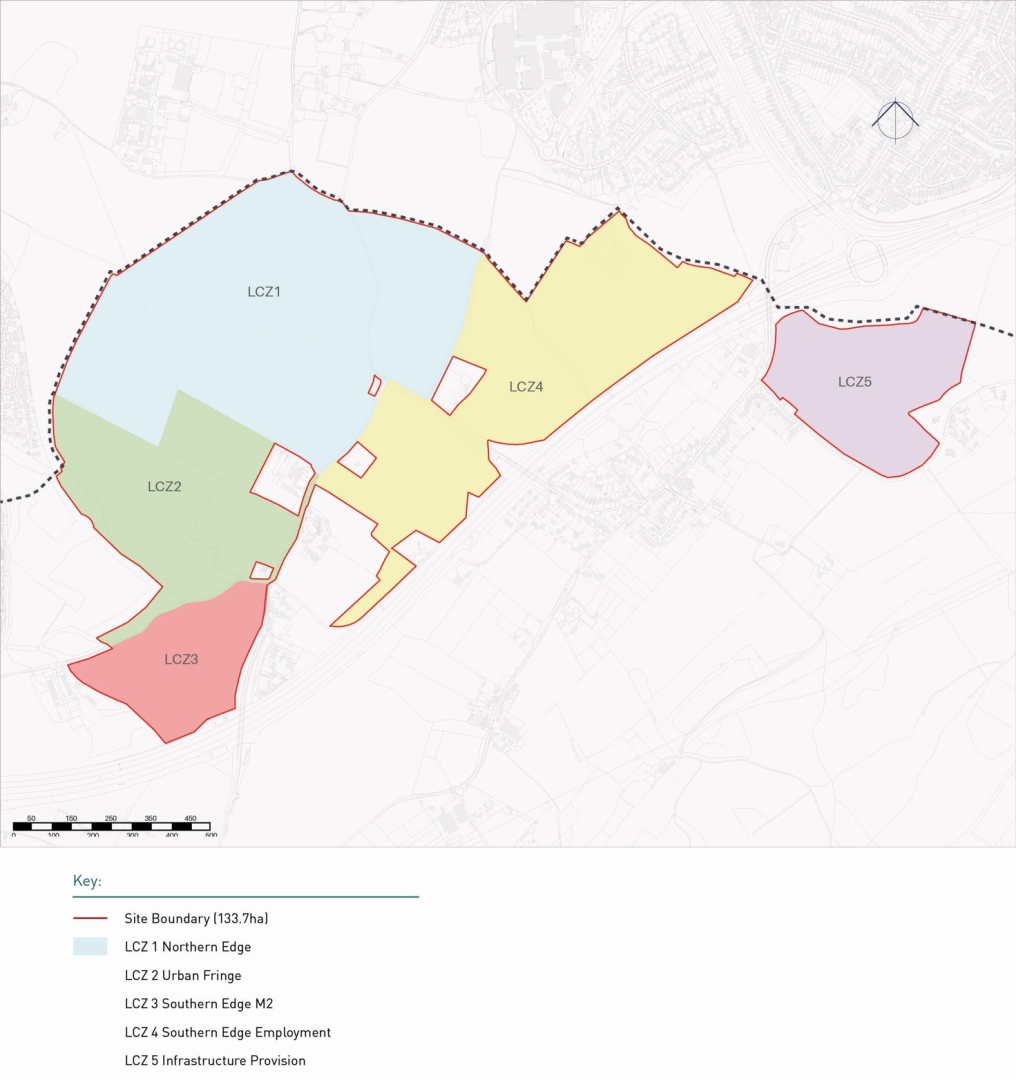 Map with five color-coded zones labeled LCZ1 through LCZ5, separated by a site boundary line. LCZ1 in light blue along the northern edge, LCZ2 in green in the southwest, LCZ3 in red in the south, LCZ4 in yellow centrally and eastward, LCZ5 in purple on the east side. A scale bar is at the bottom left, and a north arrow at top right. The key describes each zone and the site boundary contour.