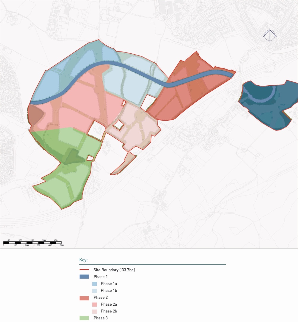 Map with site boundary in red, showing phased development areas in various shades of blue, red, and green, with a legend indicating phases and subphases.