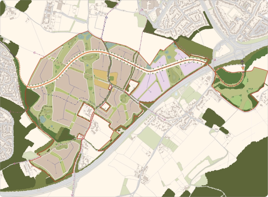 A detailed map showing a large park or estate outlined in red, with multiple pathways, green spaces, water features, and buildings. Surrounding urban areas and roads are visible outside the boundary.