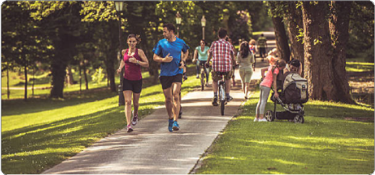 Two runners, a woman in a pink tank top and black shorts, and a man in a blue t-shirt and black shorts, run side by side on a paved path in a park with green grass and tall trees. In the background, people walk, bike, and sit on the grass. A woman with a stroller and another person are on the right side of the path.