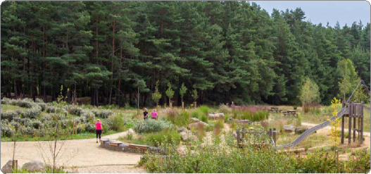 Three children wearing pink and black are playing near a wooden slide in a lush, green park with a dense forest background.
