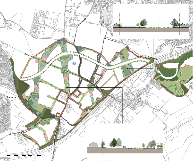 Detailed site plan of a park with pathways, water features, and green areas, bordered by a red outline; includes elevation cross-sections showing trees, buildings, and landscape features.