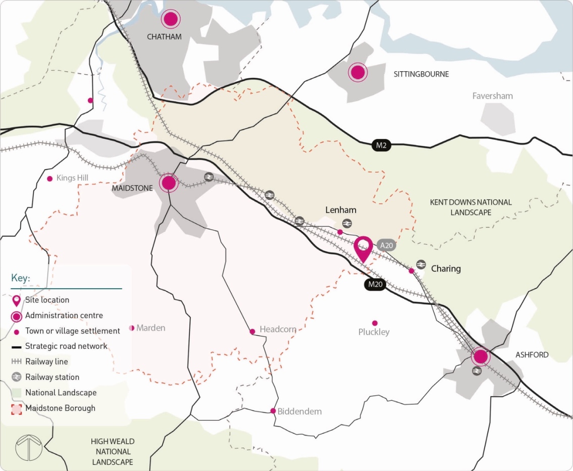 Map showing Maidstone connected by railway line to Ashford, with strategic roads (M20 and A20) passing through Lenham and near Charing. Towns and settlements include Maidstone, Ashford, Charing, Lenham, Maidstone, Kings Hill, Headcorn, Biddenden, Marden, Pluckley, and Sittingbourne. National landscapes of Kent Downs and High Weald are marked. Site locations and administration centers are indicated with pink circles.