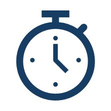 A dark blue stopwatch showing approximately 4:00 with a button on top and a side button.