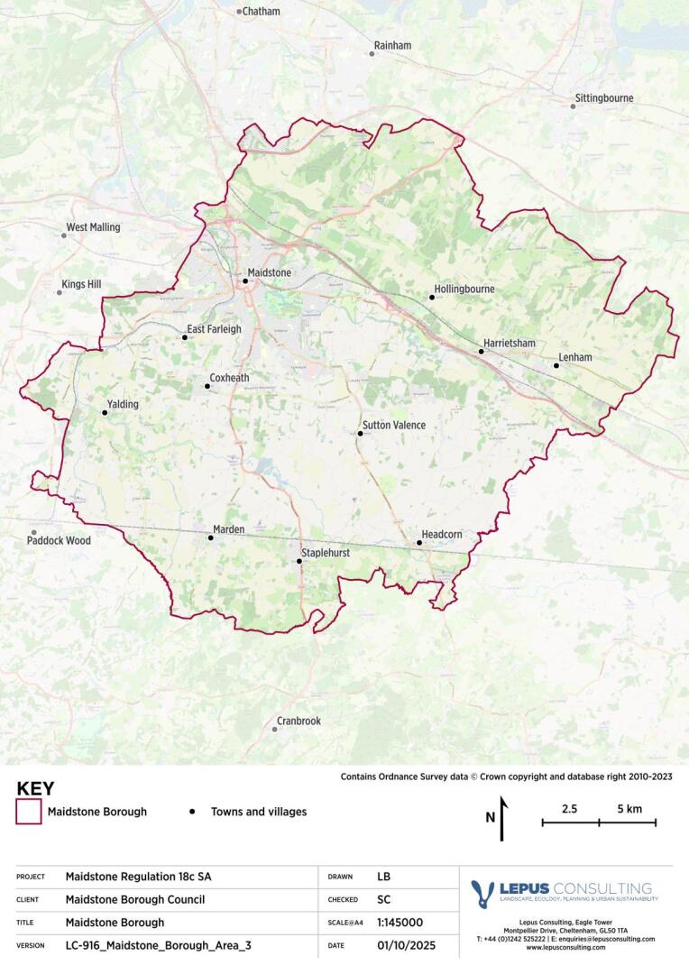 Outline of Maidstone Borough bordered in red, with black dots marking towns and villages including Maidstone, Hollingbourne, Harrietsham, Lenham, Headcorn, Staplehurst, Marden, Paddock Wood, Yalding, East Farleigh, Coxheath, and Sutton Valence, on a light green and white map background.
