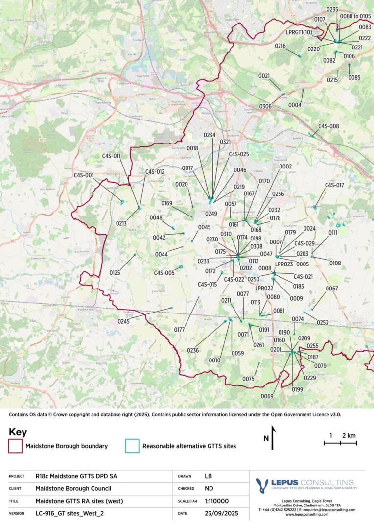 Map of Maidstone Borough displaying boundary in red, with multiple geotechnical sites marked by black lines and alphanumeric labels, and reasonable alternative GTTS sites outlined in cyan.