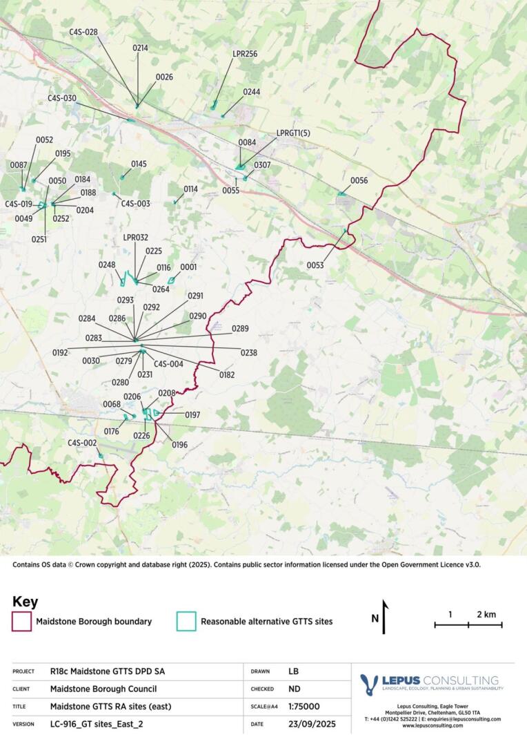 Map showing Maidstone Borough boundary in pink, with green and blue lines marking roads and proposed GTTS sites, and blue squares indicating reasonable alternative GTTS locations; north arrow and scale at bottom right.